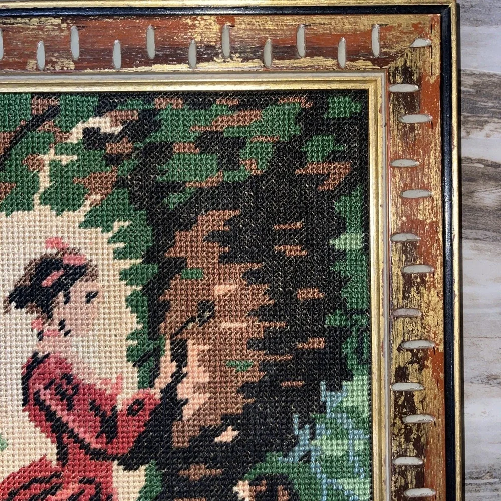 VTG MCM Petit Point Needlecraft gold distressed wood framed picture Girl Tree